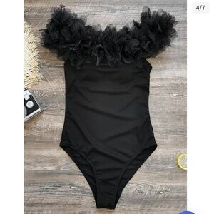 Black One Piece swimsuit with ruffled off the shoulder top